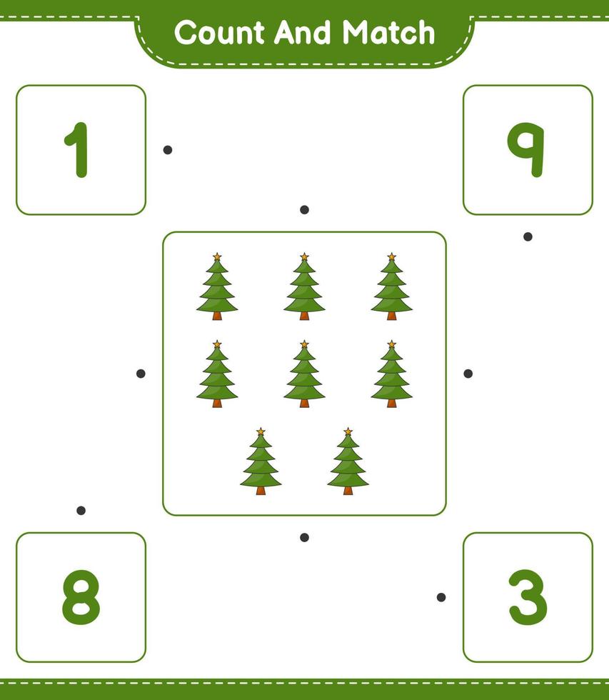 Count and match, count the number of Christmas Tree and match with the right numbers. Educational children game, printable worksheet, vector illustration