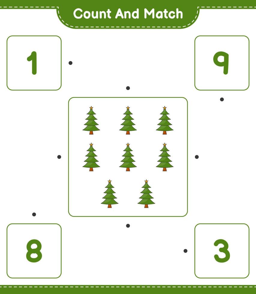 cuenta y empareja, cuenta el número de árboles de navidad y empareja con los números correctos. juego educativo para niños, hoja de cálculo imprimible, ilustración vectorial vector