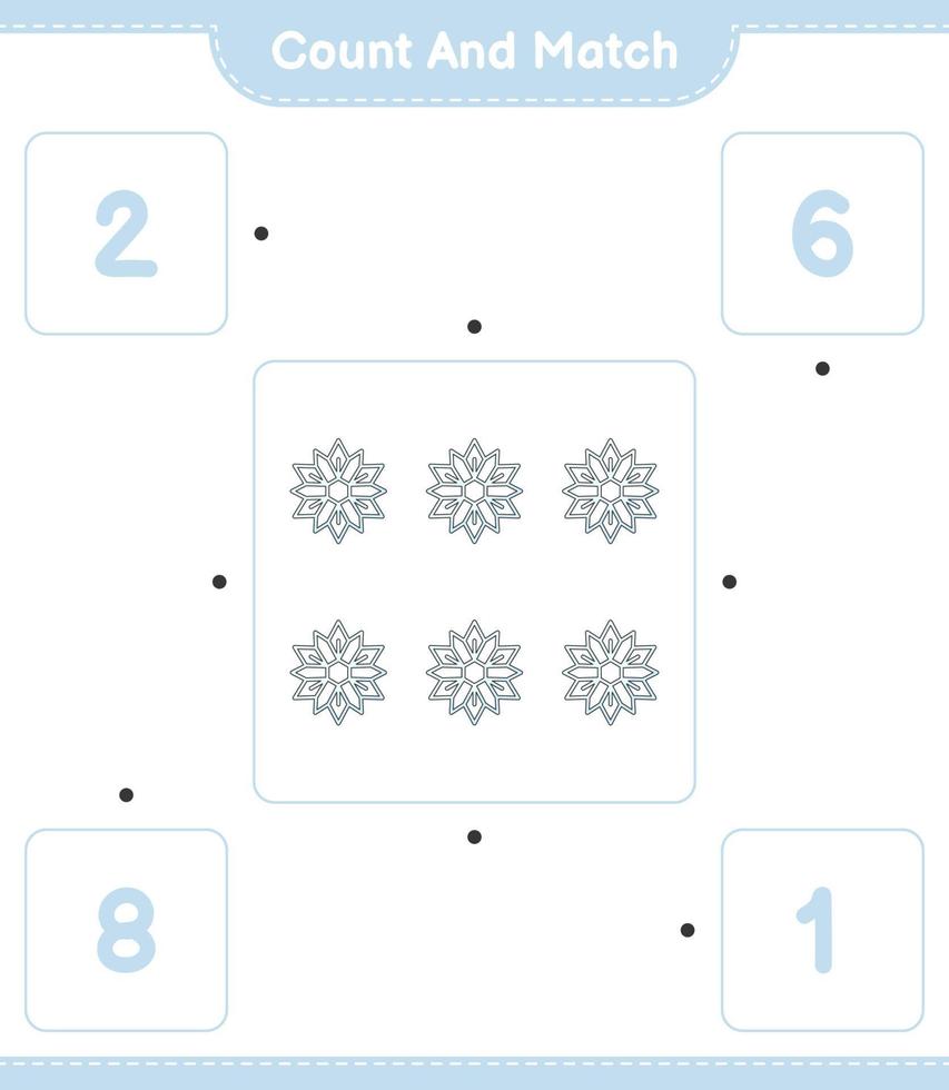 Count and match, count the number of Snowflake and match with the right numbers. Educational children game, printable worksheet, vector illustration