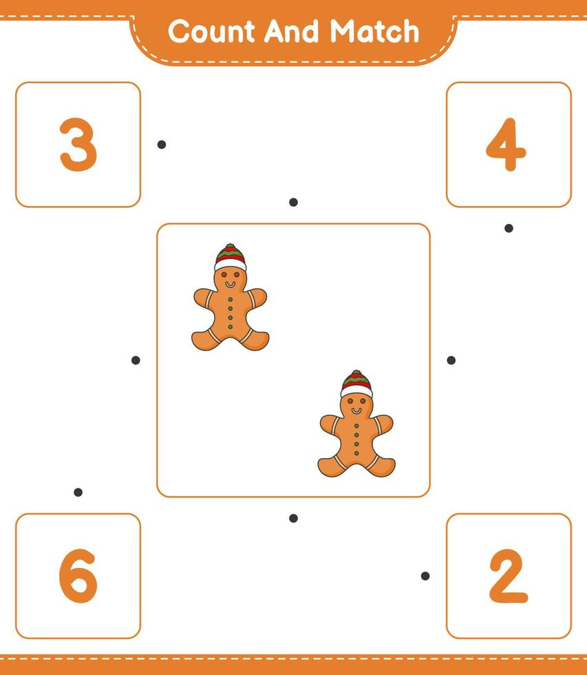 Count and match, count the number of Gingerbread Man and match with the right numbers. Educational children game, printable worksheet, vector illustration
