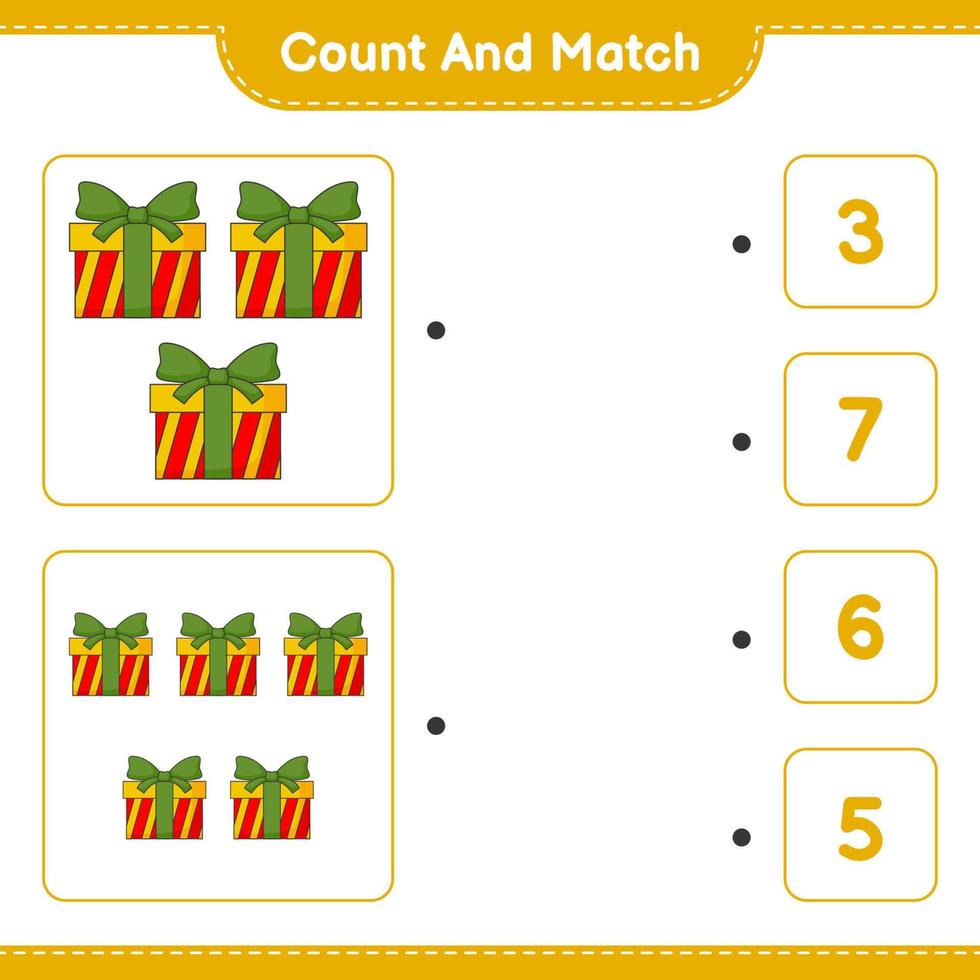 cuente y combine, cuente el número de cajas de regalo y combine con los números correctos. juego educativo para niños, hoja de cálculo imprimible, ilustración vectorial vector