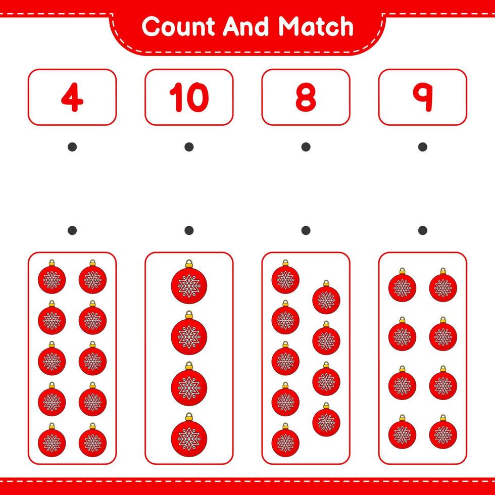 Count and match, count the number of Christmas Ball and match with the right numbers. Educational children game, printable worksheet, vector illustration