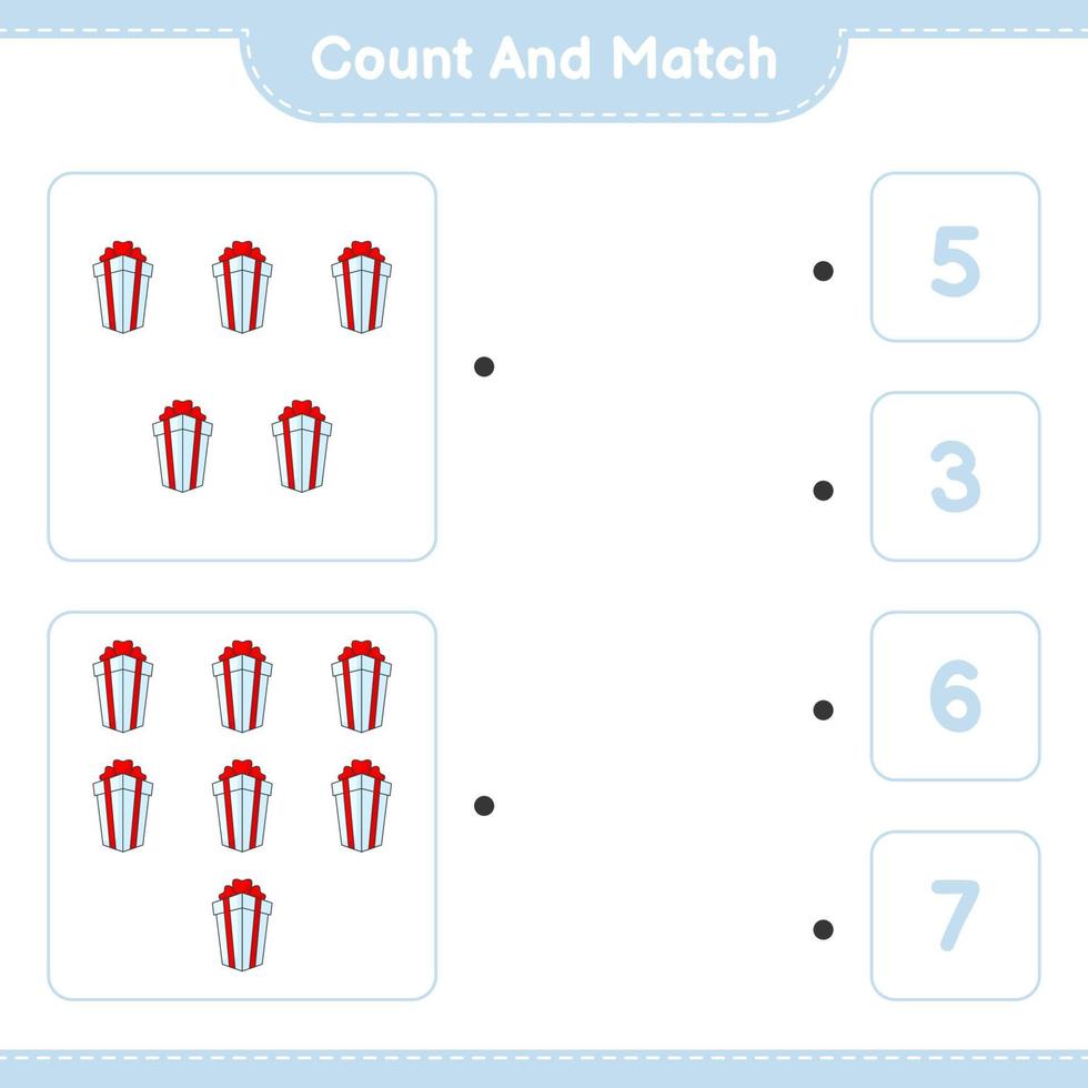 cuente y combine, cuente el número de cajas de regalo y combine con los números correctos. juego educativo para niños, hoja de cálculo imprimible, ilustración vectorial vector