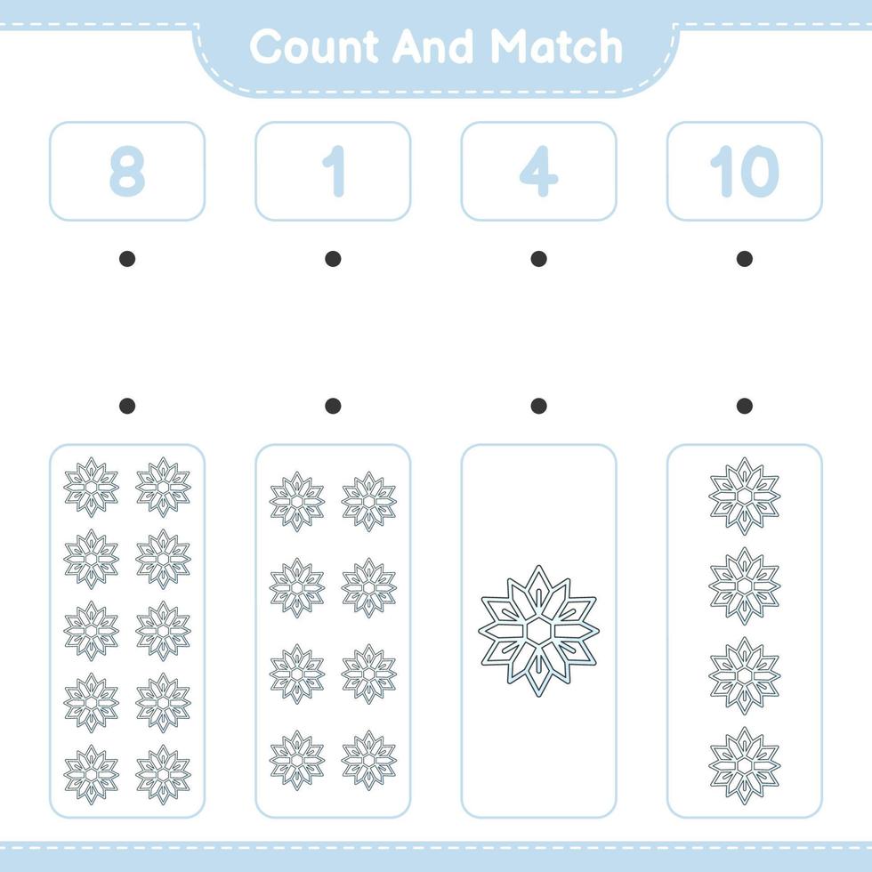 Count and match, count the number of Snowflake and match with the right numbers. Educational children game, printable worksheet, vector illustration