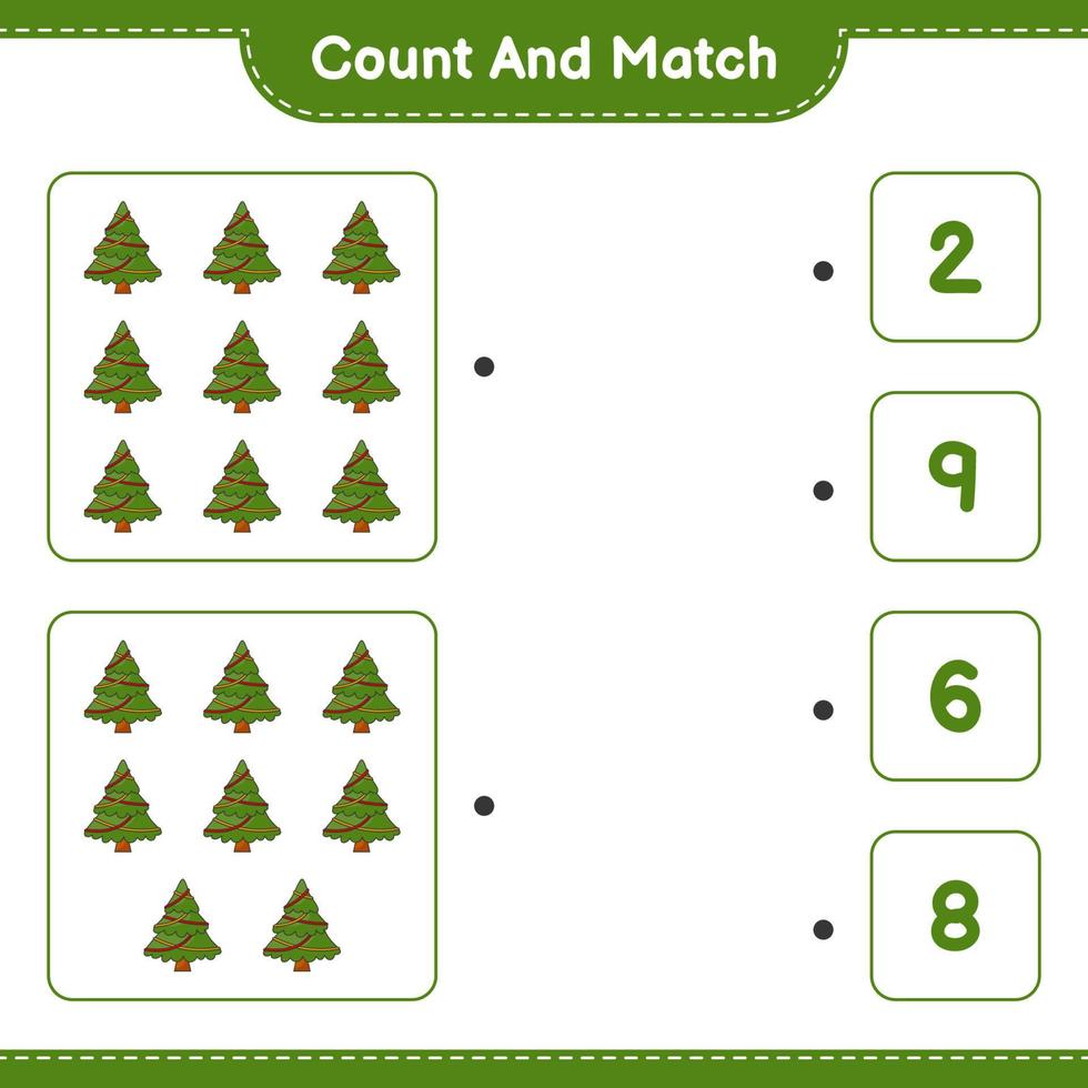 cuenta y empareja, cuenta el número de árboles de navidad y empareja con los números correctos. juego educativo para niños, hoja de cálculo imprimible, ilustración vectorial vector