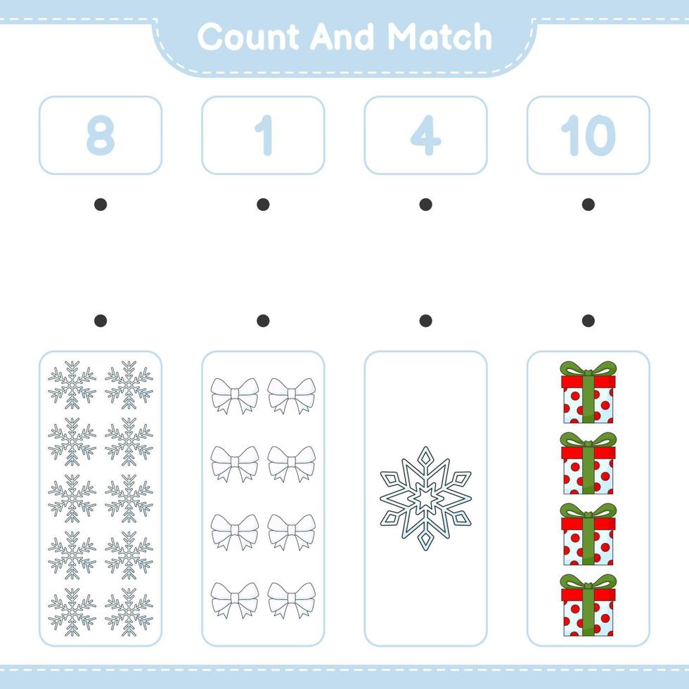 Count and match, count the number of Ribbon, Snowflake, Gift Box and match with the right numbers. Educational children game, printable worksheet, vector illustration