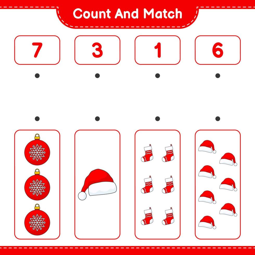 cuente y combine, cuente el número de bolas navideñas, gorro de santa, calcetines navideños y combine con los números correctos. juego educativo para niños, hoja de cálculo imprimible, ilustración vectorial vector