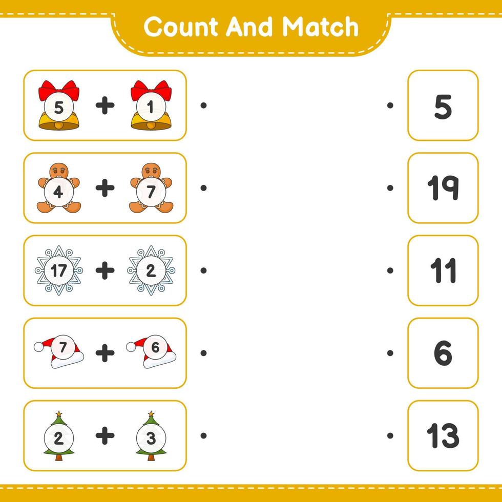 Count and match, count the number of Snowflake, Hat, Tree, Bell, Gingerbread Man and match with the right numbers. Educational children game, printable worksheet, vector illustration