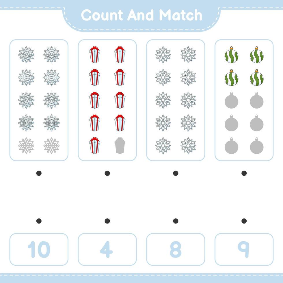 Count and match, count the number of Snowflake, Christmas Ball, Gift Box and match with the right numbers. Educational children game, printable worksheet, vector illustration