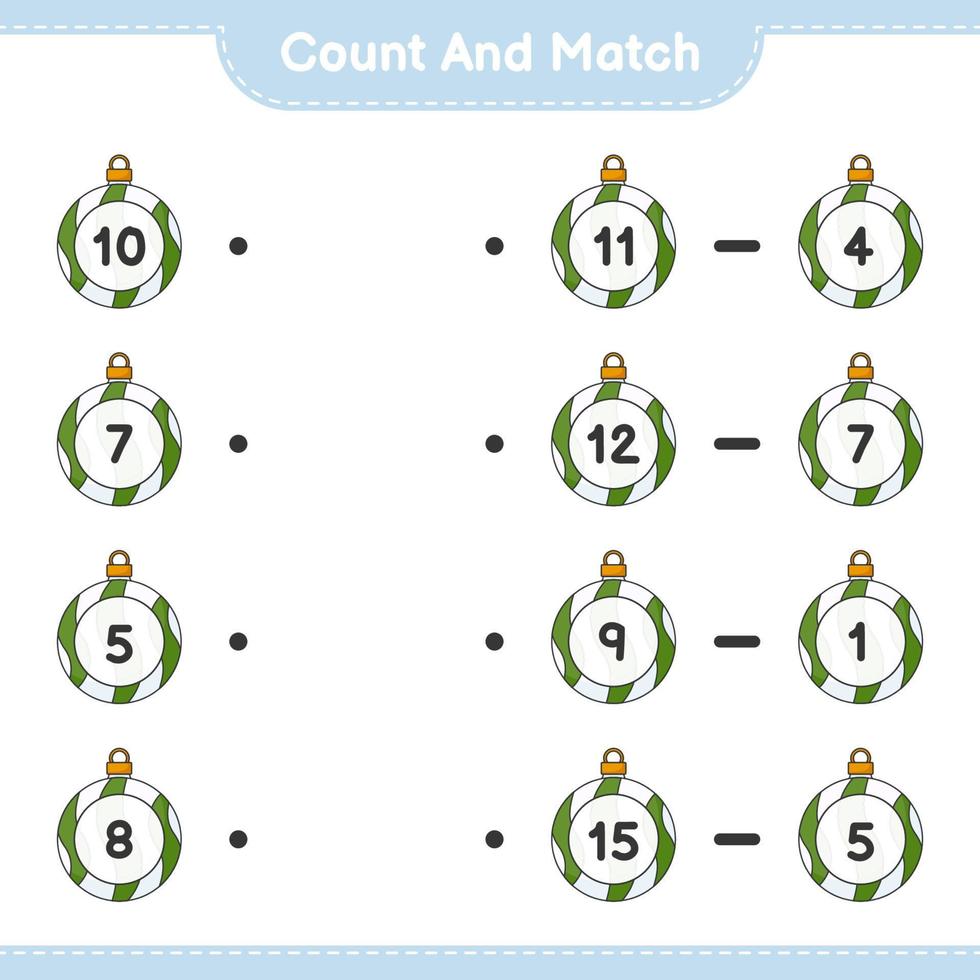 Count and match, count the number of Christmas Ball and match with the right numbers. Educational children game, printable worksheet, vector illustration