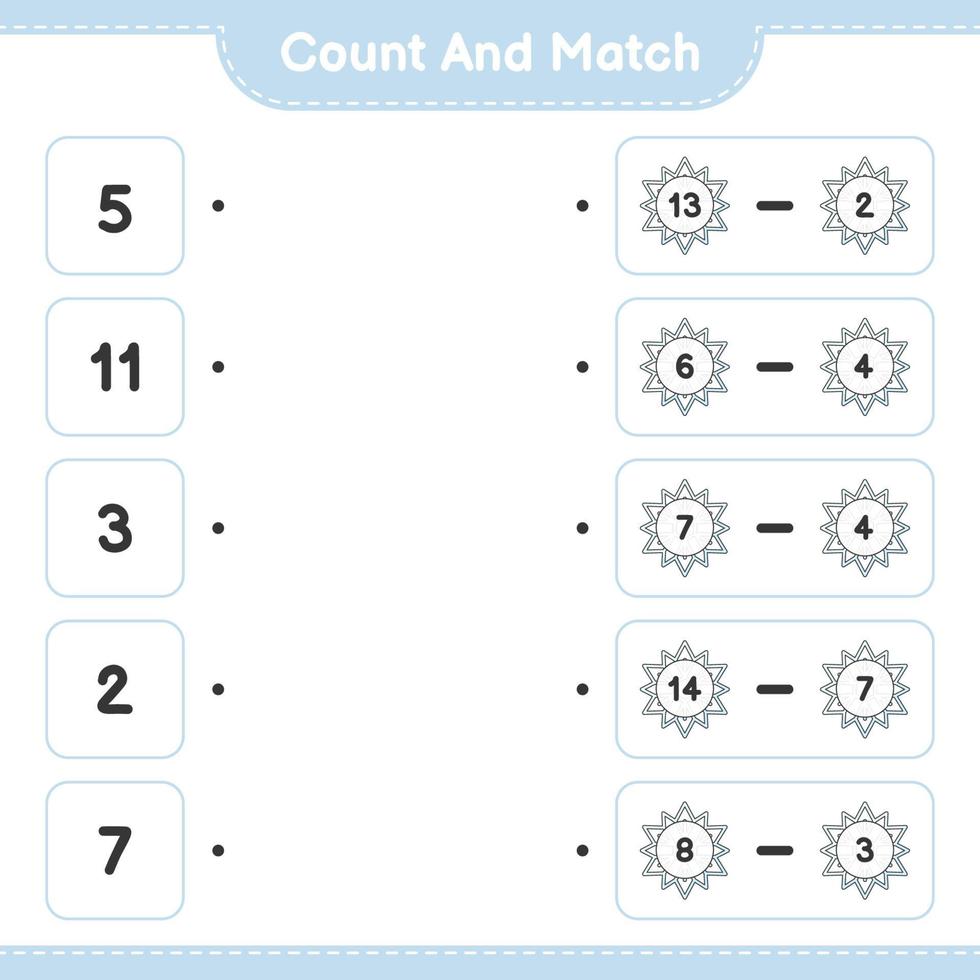 Count and match, count the number of Snowflake and match with the right numbers. Educational children game, printable worksheet, vector illustration