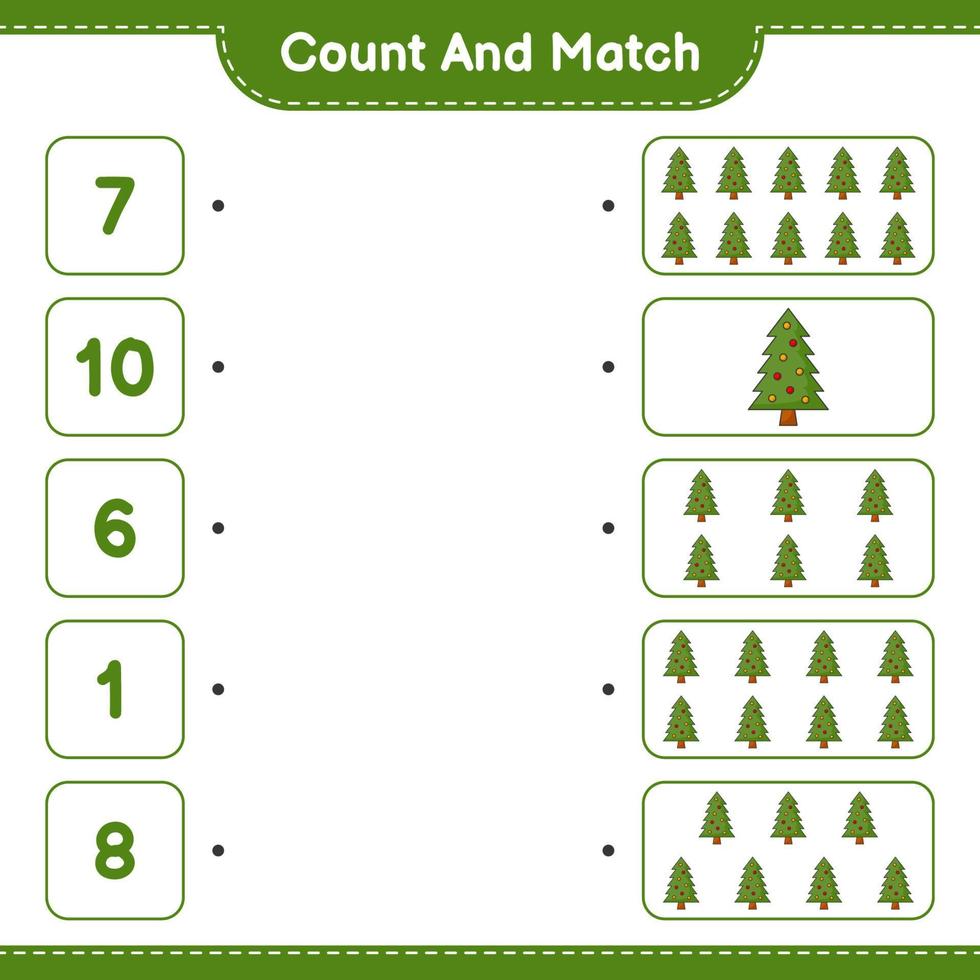 Count and match, count the number of Christmas Tree and match with the right numbers. Educational children game, printable worksheet, vector illustration