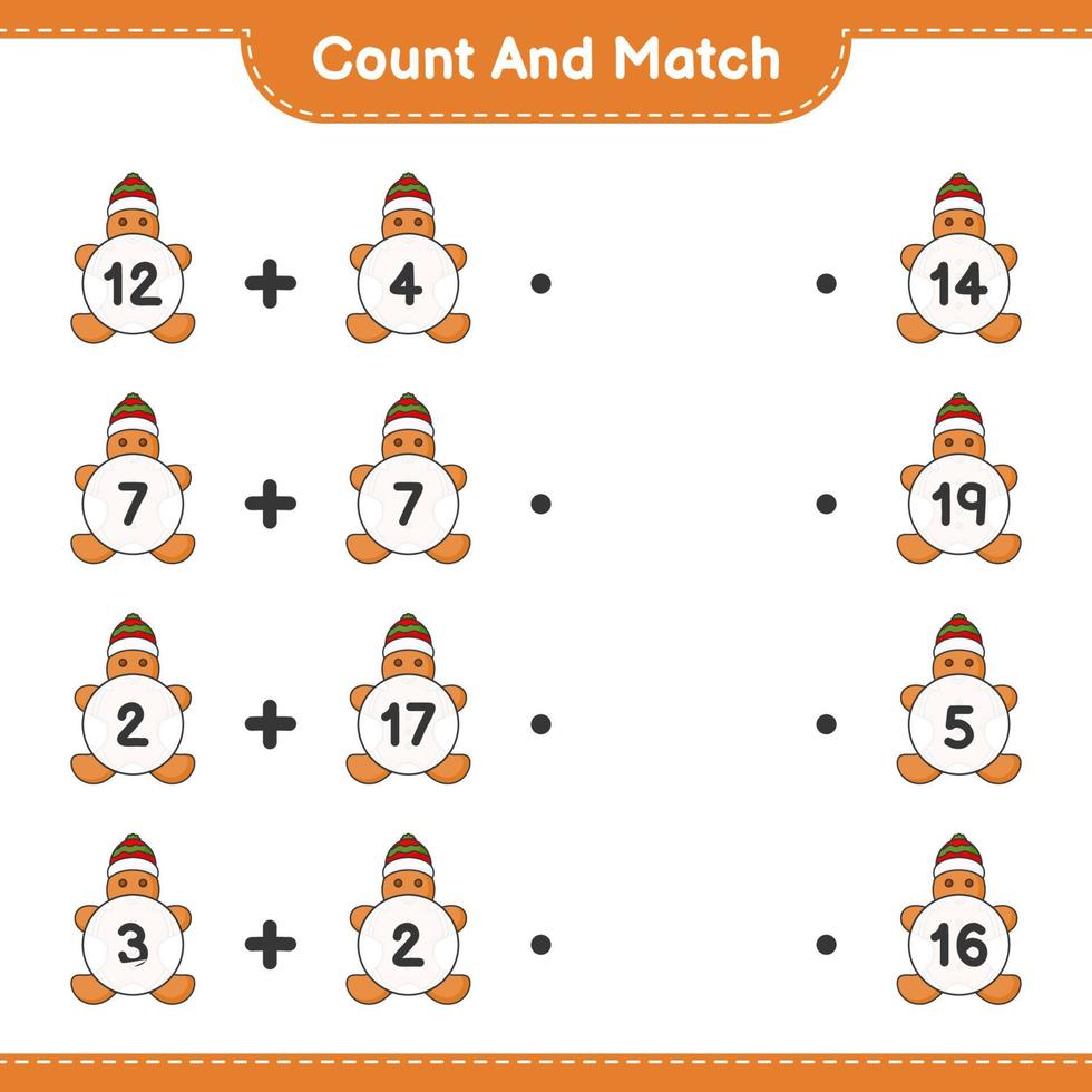 Count and match, count the number of Gingerbread Man and match with the right numbers. Educational children game, printable worksheet, vector illustration
