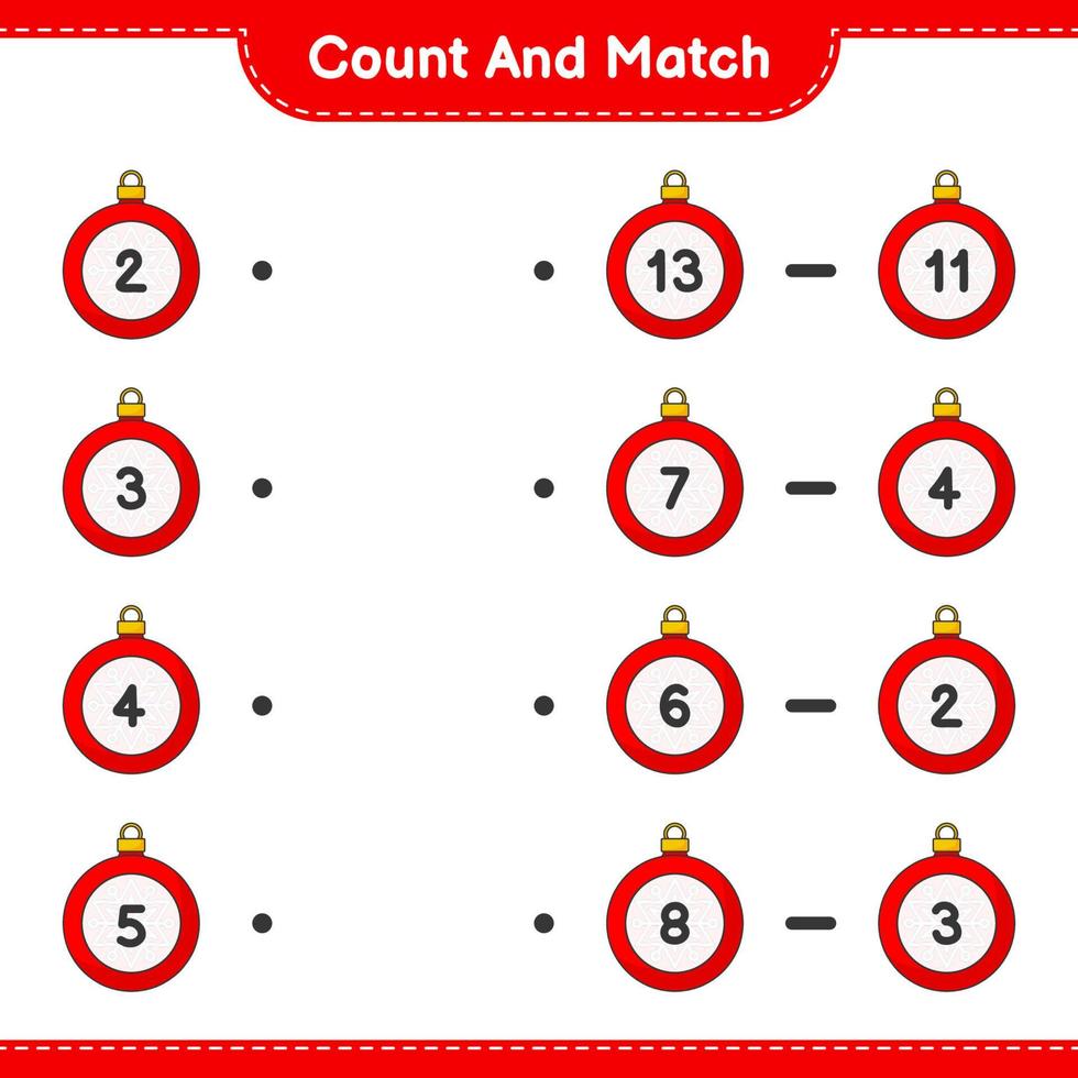 Count and match, count the number of Christmas Ball and match with the right numbers. Educational children game, printable worksheet, vector illustration