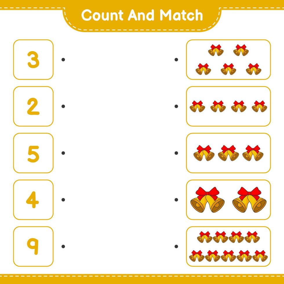 Count and match, count the number of Christmas Bell and match with the right numbers. Educational children game, printable worksheet, vector illustration