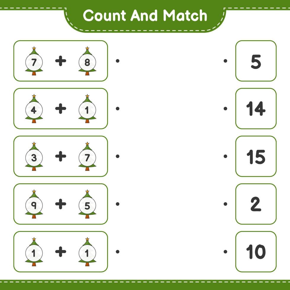 cuenta y empareja, cuenta el número de árboles de navidad y empareja con los números correctos. juego educativo para niños, hoja de cálculo imprimible, ilustración vectorial vector