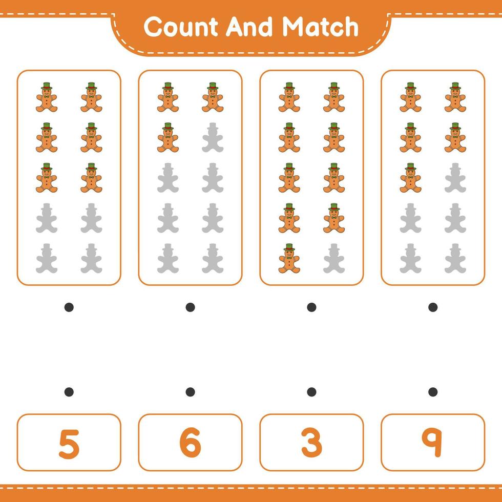 Count and match, count the number of Gingerbread Man and match with the right numbers. Educational children game, printable worksheet, vector illustration