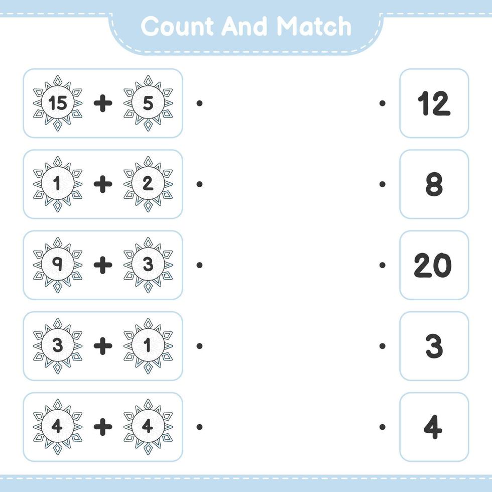 Count and match, count the number of Snowflake and match with the right numbers. Educational children game, printable worksheet, vector illustration