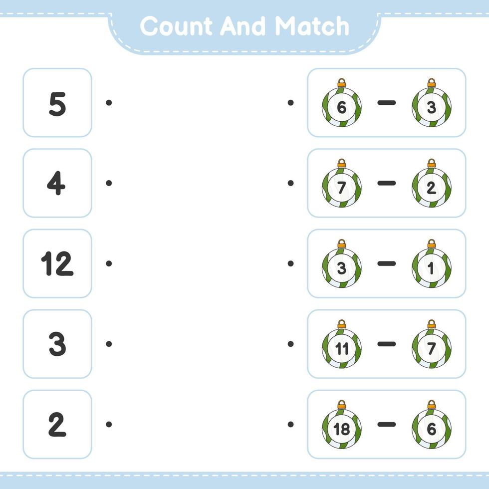 cuenta y combina, cuenta el número de bolas navideñas y combina con los números correctos. juego educativo para niños, hoja de cálculo imprimible, ilustración vectorial vector