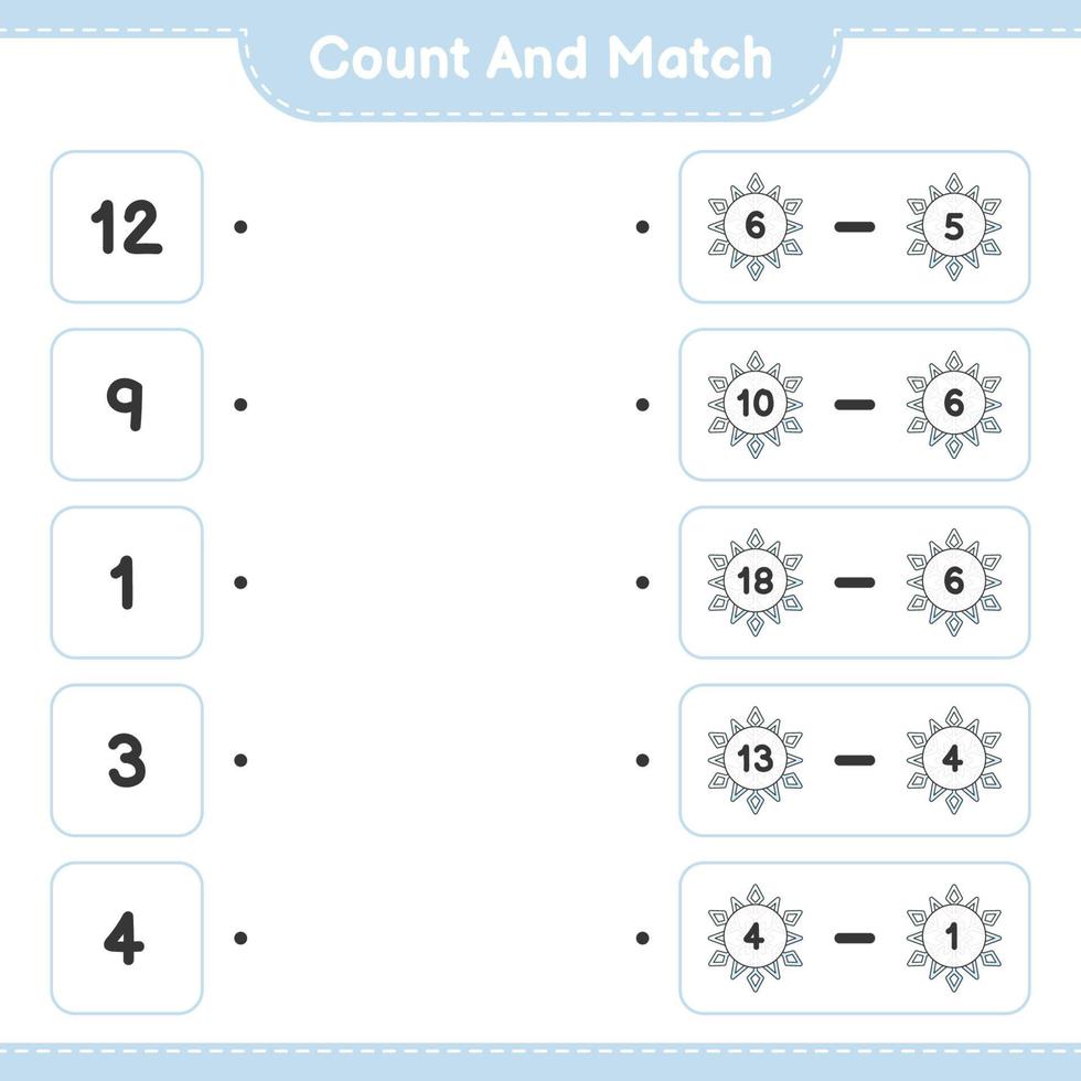 Count and match, count the number of Snowflake and match with the right numbers. Educational children game, printable worksheet, vector illustration