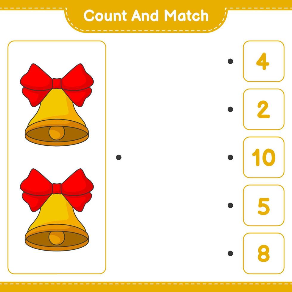 Count and match, count the number of Christmas Bell and match with the right numbers. Educational children game, printable worksheet, vector illustration