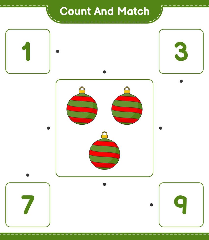 cuenta y combina, cuenta el número de bolas navideñas y combina con los números correctos. juego educativo para niños, hoja de cálculo imprimible, ilustración vectorial vector