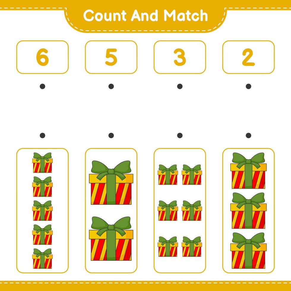 Count and match, count the number of Gift Box and match with the right numbers. Educational children game, printable worksheet, vector illustration