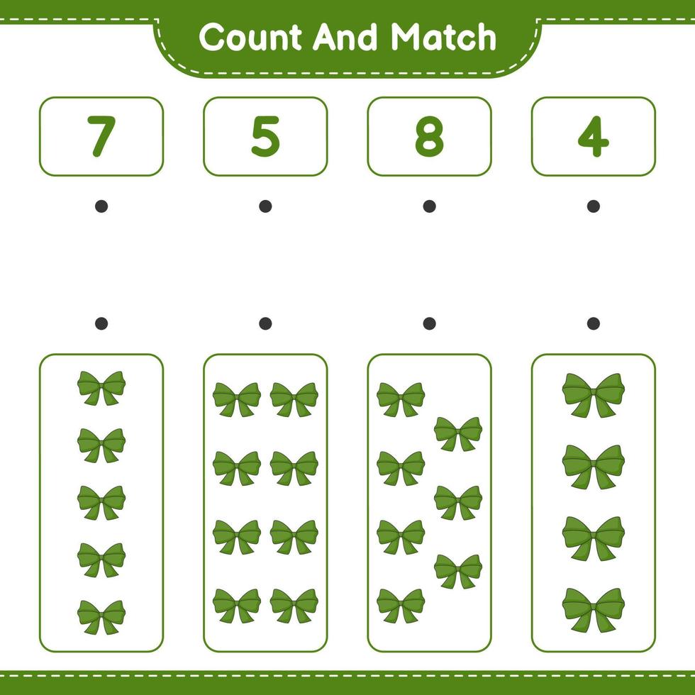 Count and match, count the number of Ribbon and match with the right numbers. Educational children game, printable worksheet, vector illustration
