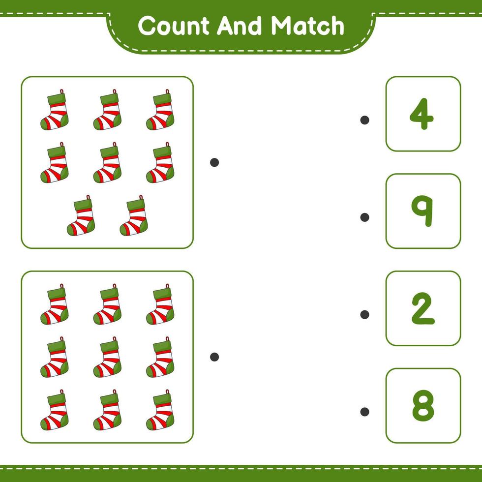 Count and match, count the number of Christmas Sock and match with the right numbers. Educational children game, printable worksheet, vector illustration