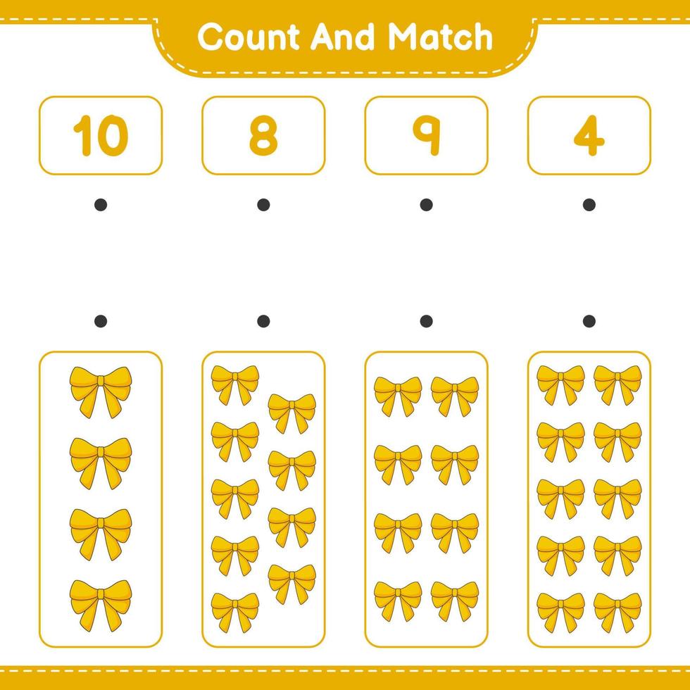 Count and match, count the number of Ribbon and match with the right numbers. Educational children game, printable worksheet, vector illustration
