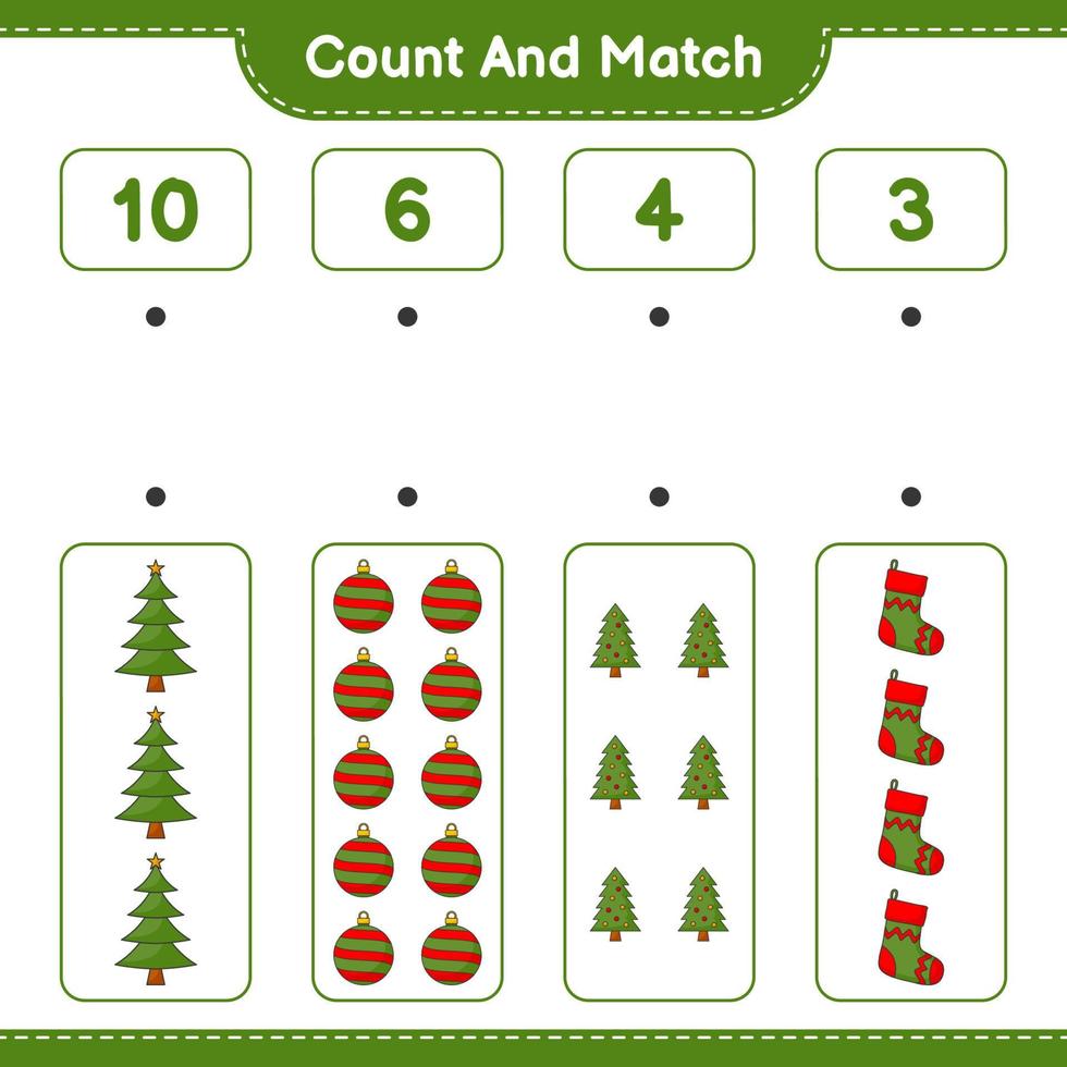 Count and match, count the number of Christmas Tree, Christmas Ball, Christmas Sock and match with the right numbers. Educational children game, printable worksheet, vector illustration