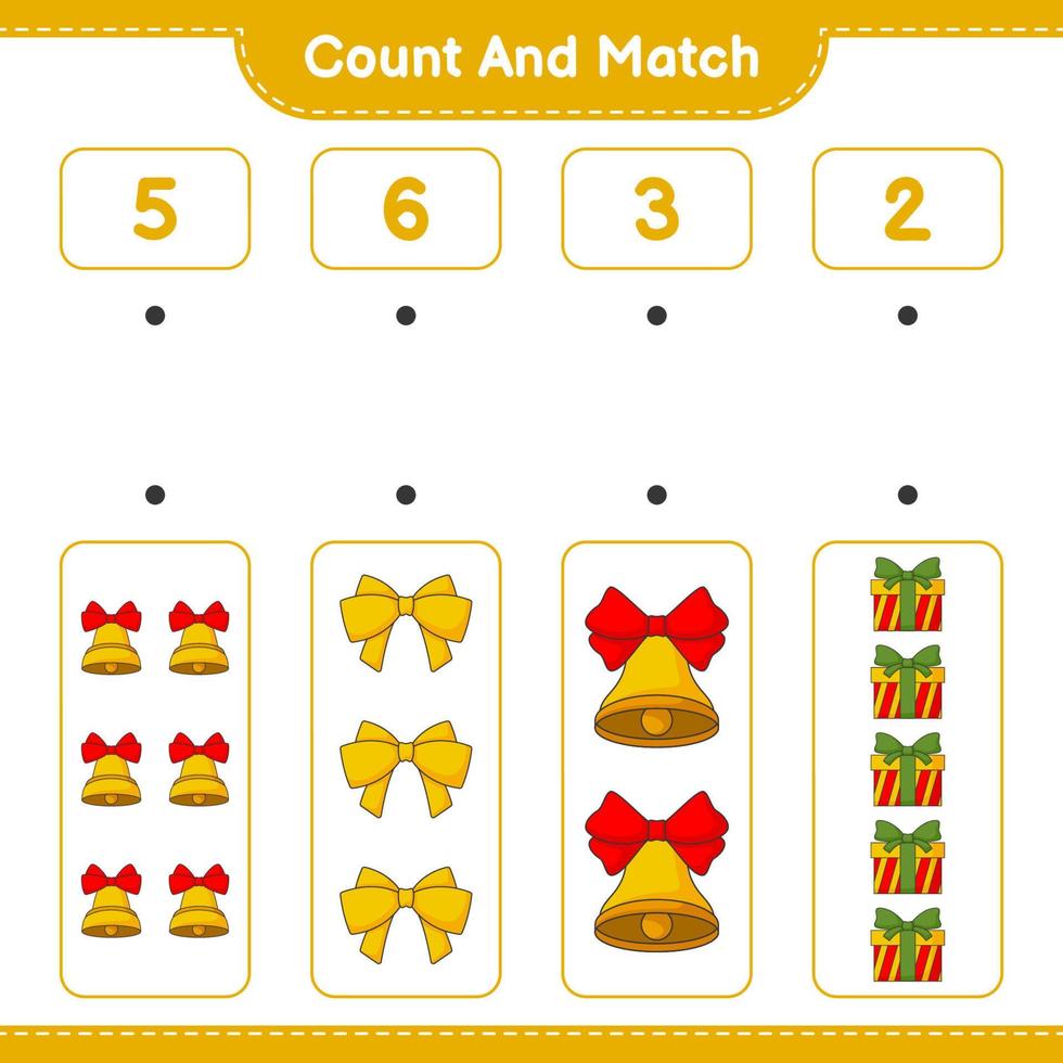 Count and match, count the number of Christmas Bell, Ribbon, Gift Box and match with the right numbers. Educational children game, printable worksheet, vector illustration