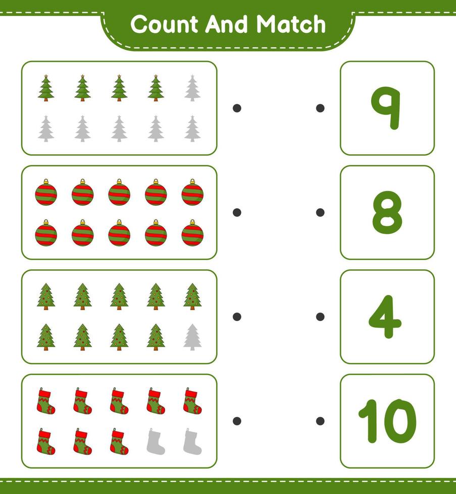 Count and match, count the number of Christmas Tree, Christmas Ball, Christmas Sock and match with the right numbers. Educational children game, printable worksheet, vector illustration