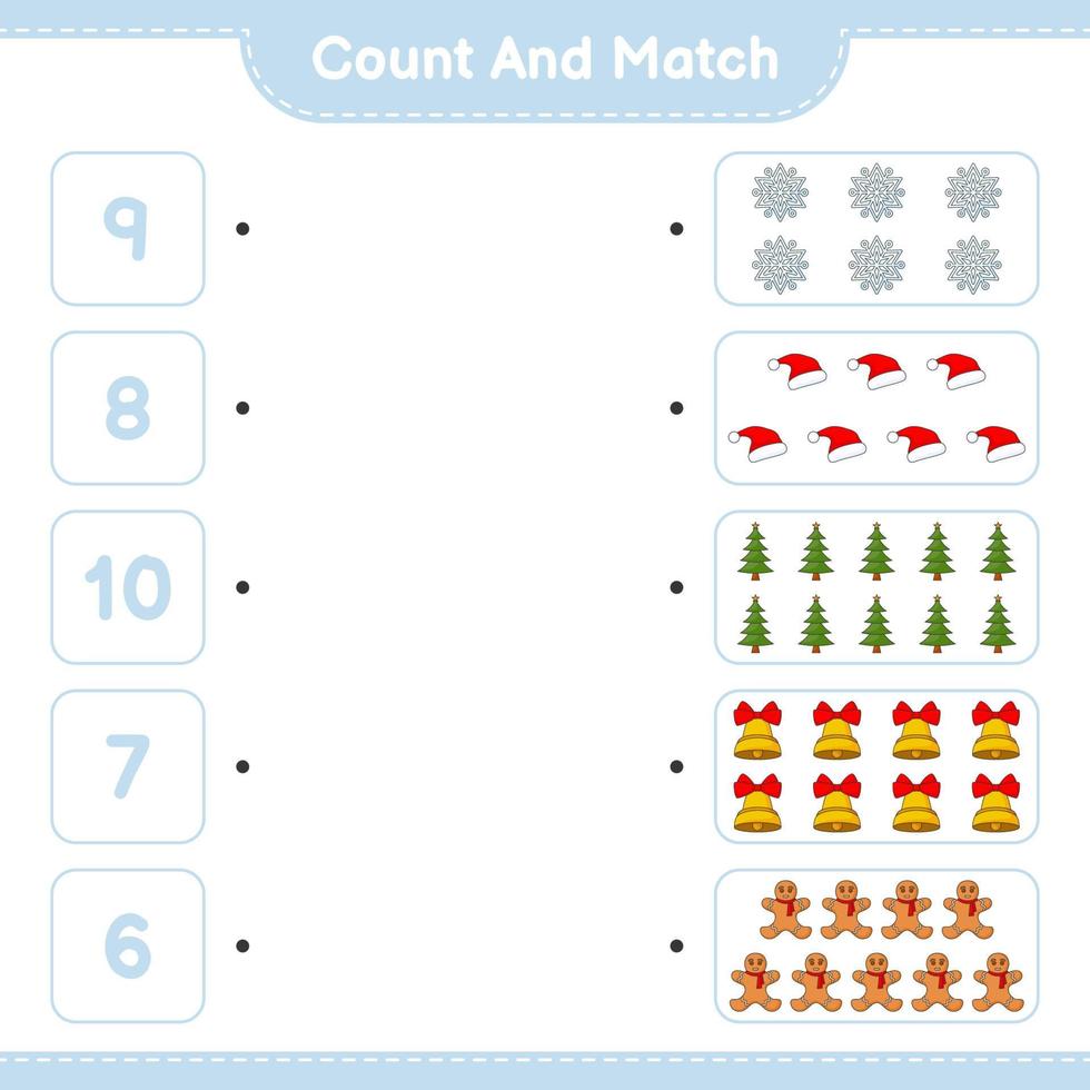 Count and match, count the number of Snowflake, Hat, Tree, Bell, Gingerbread Man and match with the right numbers. Educational children game, printable worksheet, vector illustration