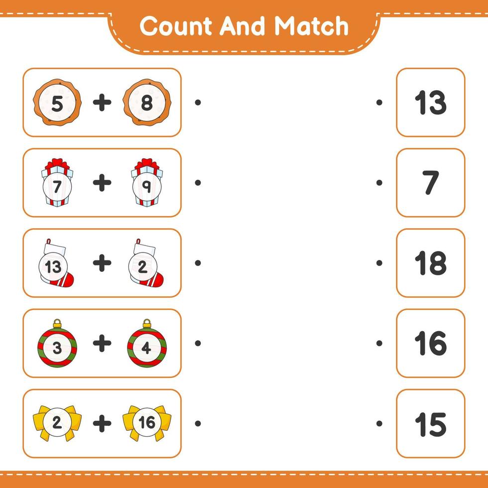 Count and match, count the number of Gift Box, Sock, Christmas Ball, Ribbon, Cookies and match with the right numbers. Educational children game, printable worksheet, vector illustration