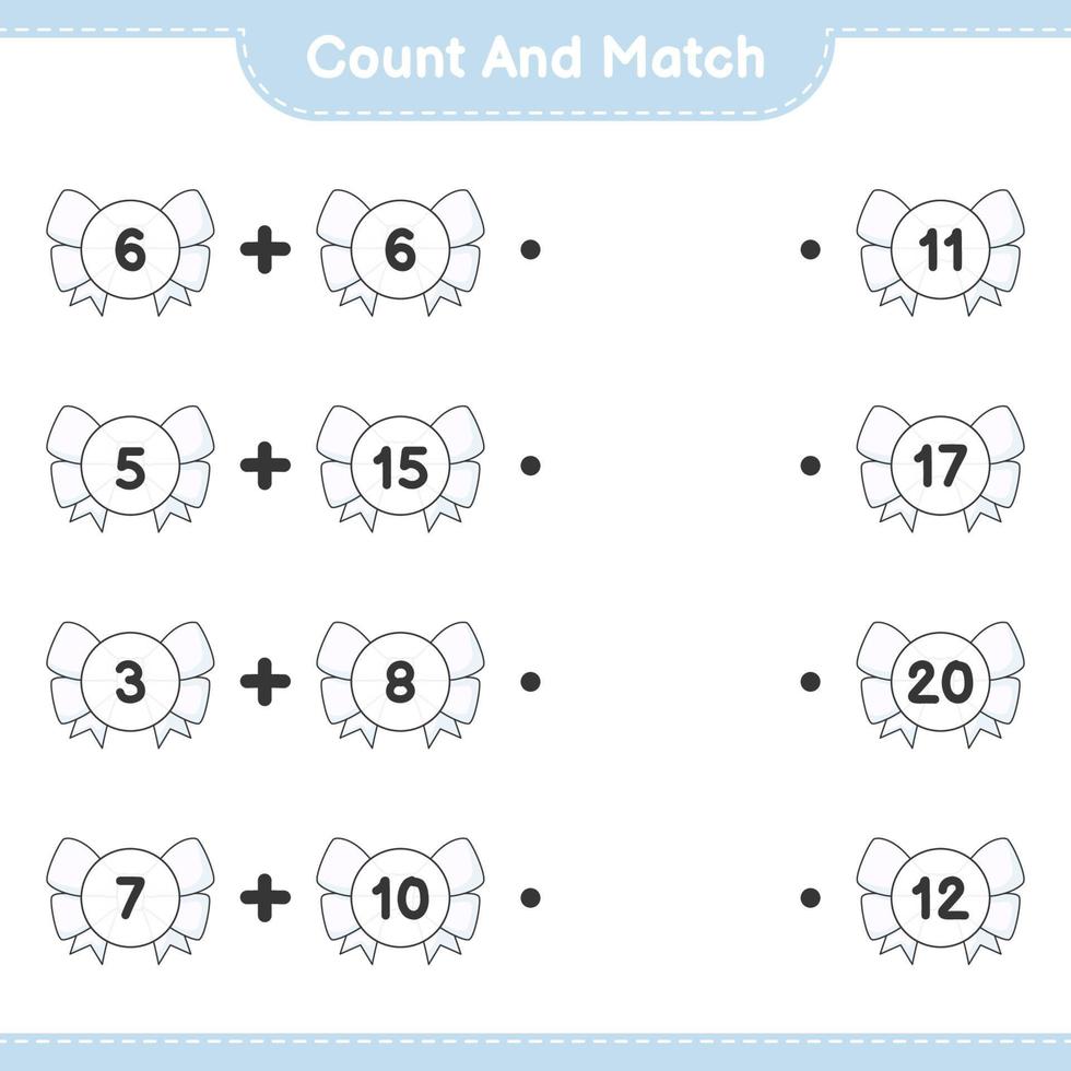 Count and match, count the number of Ribbon and match with the right numbers. Educational children game, printable worksheet, vector illustration