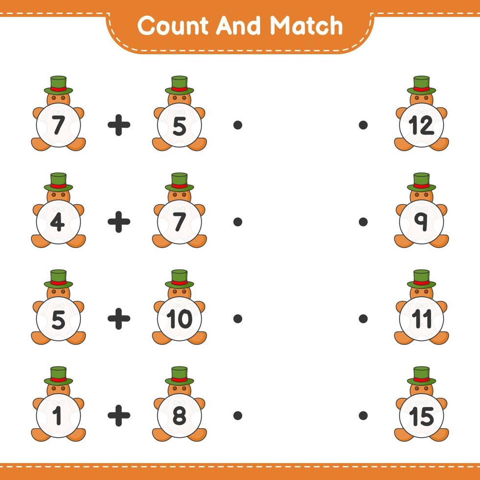 Count and match, count the number of Gingerbread Man and match with the right numbers. Educational children game, printable worksheet, vector illustration
