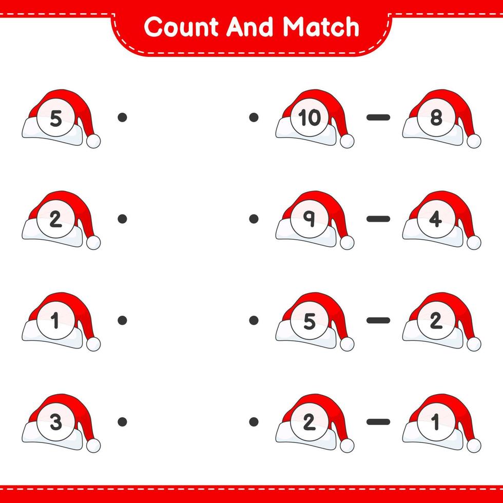 Count and match, count the number of Santa Hat and match with the right numbers. Educational children game, printable worksheet, vector illustration