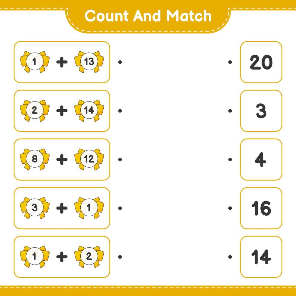 Count and match, count the number of Ribbon and match with the right numbers. Educational children game, printable worksheet, vector illustration