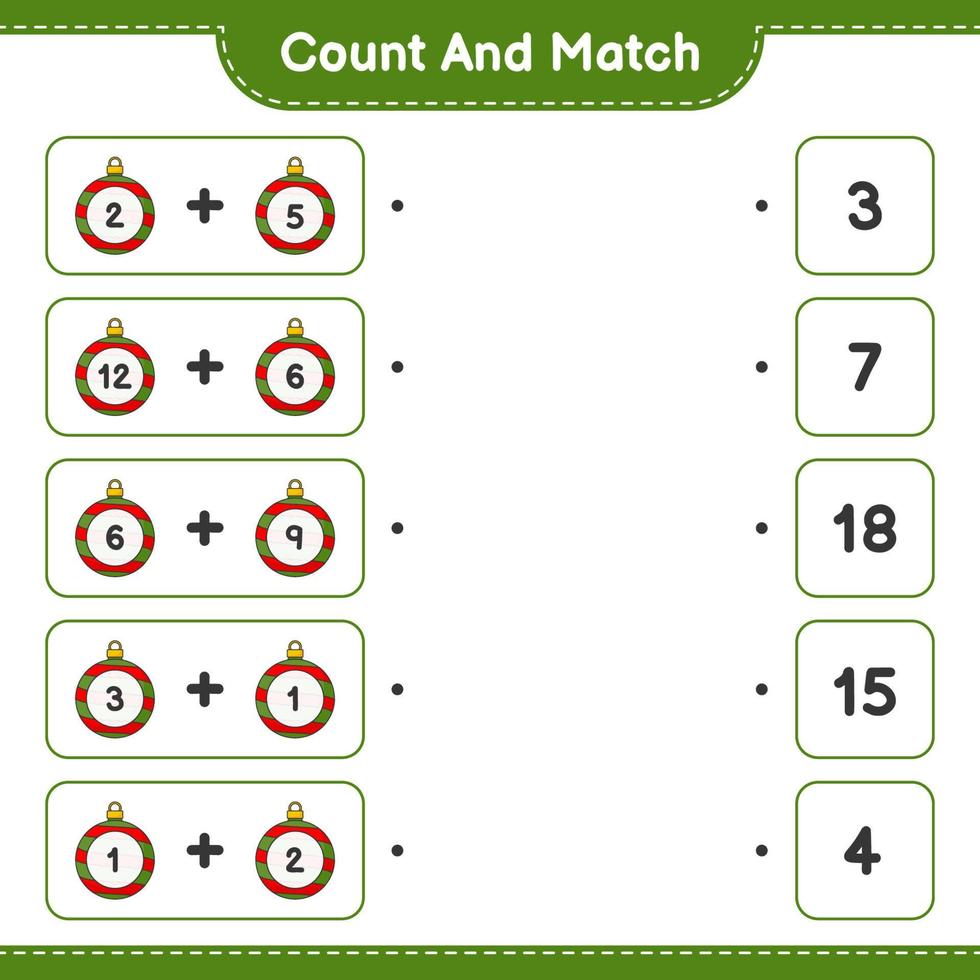 Count and match, count the number of Christmas Ball and match with the right numbers. Educational children game, printable worksheet, vector illustration