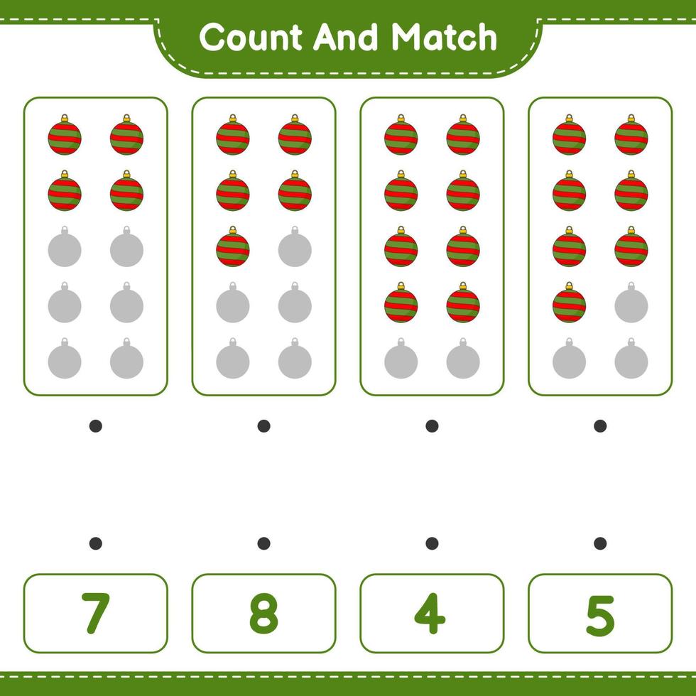 cuenta y combina, cuenta el número de bolas navideñas y combina con los números correctos. juego educativo para niños, hoja de cálculo imprimible, ilustración vectorial vector