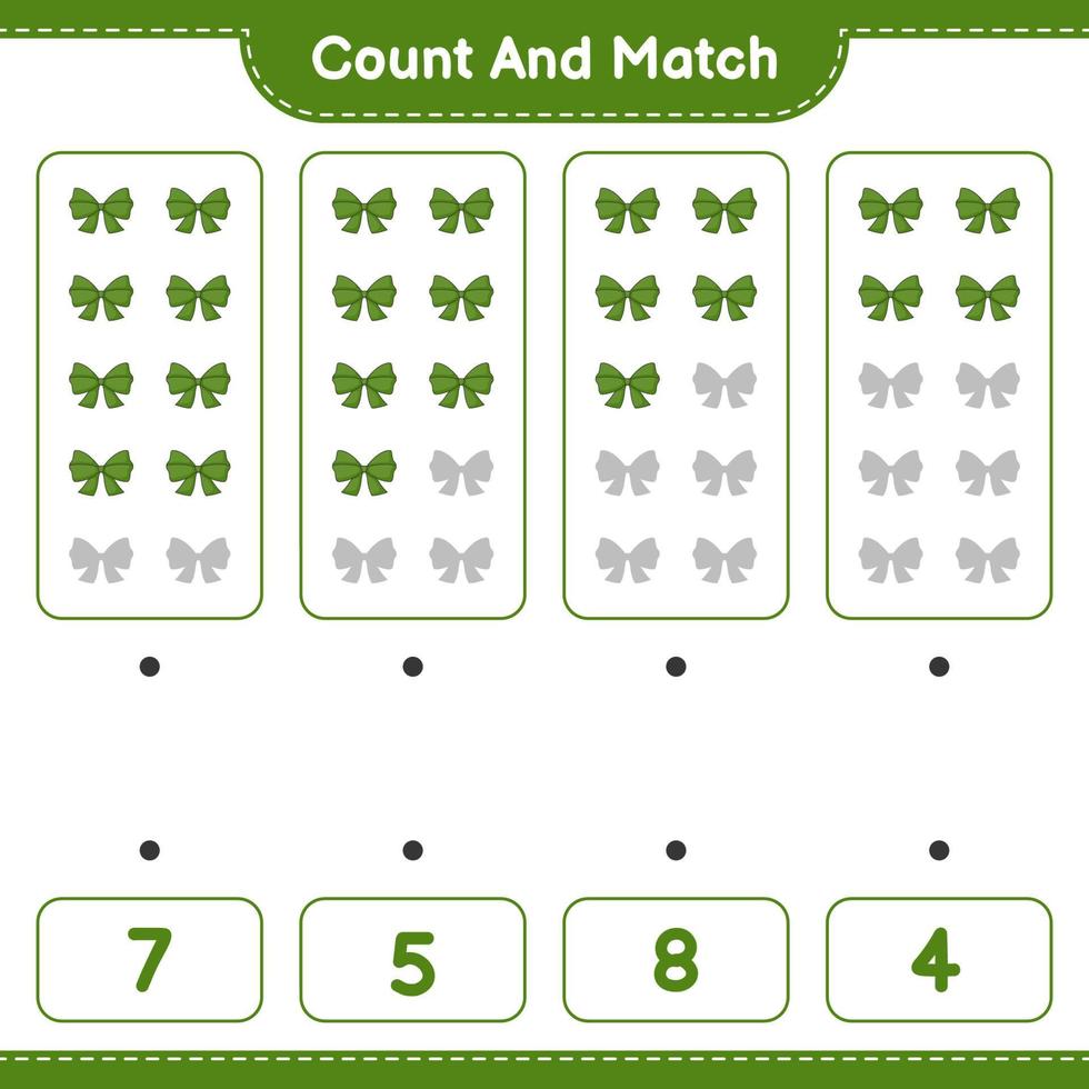Count and match, count the number of Ribbon and match with the right numbers. Educational children game, printable worksheet, vector illustration
