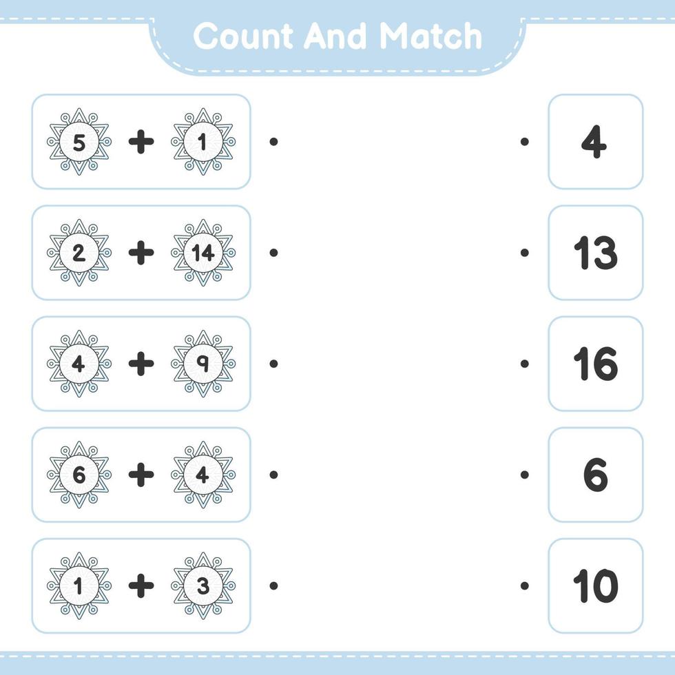 Count and match, count the number of Snowflake and match with the right numbers. Educational children game, printable worksheet, vector illustration