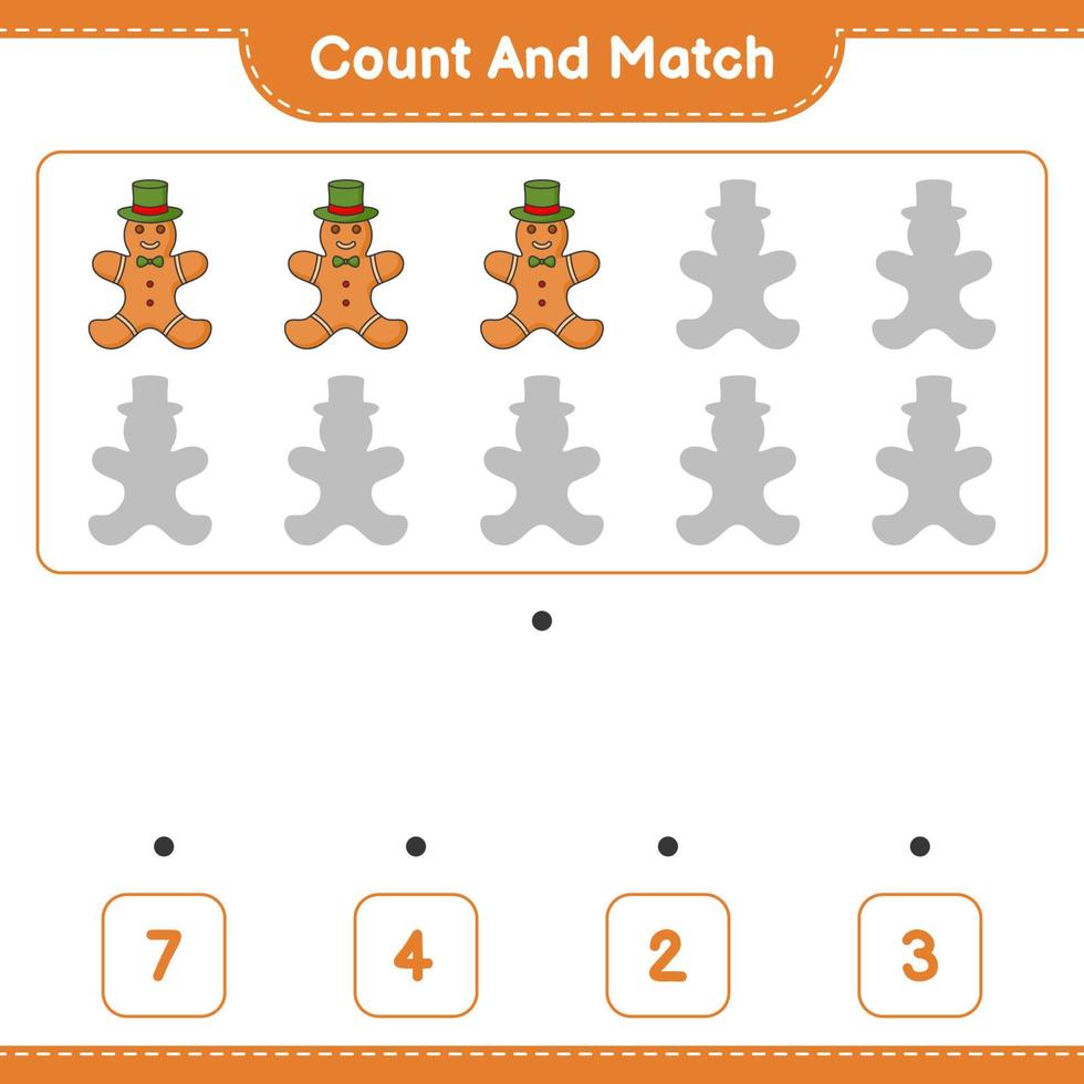 Count and match, count the number of Gingerbread Man and match with the right numbers. Educational children game, printable worksheet, vector illustration