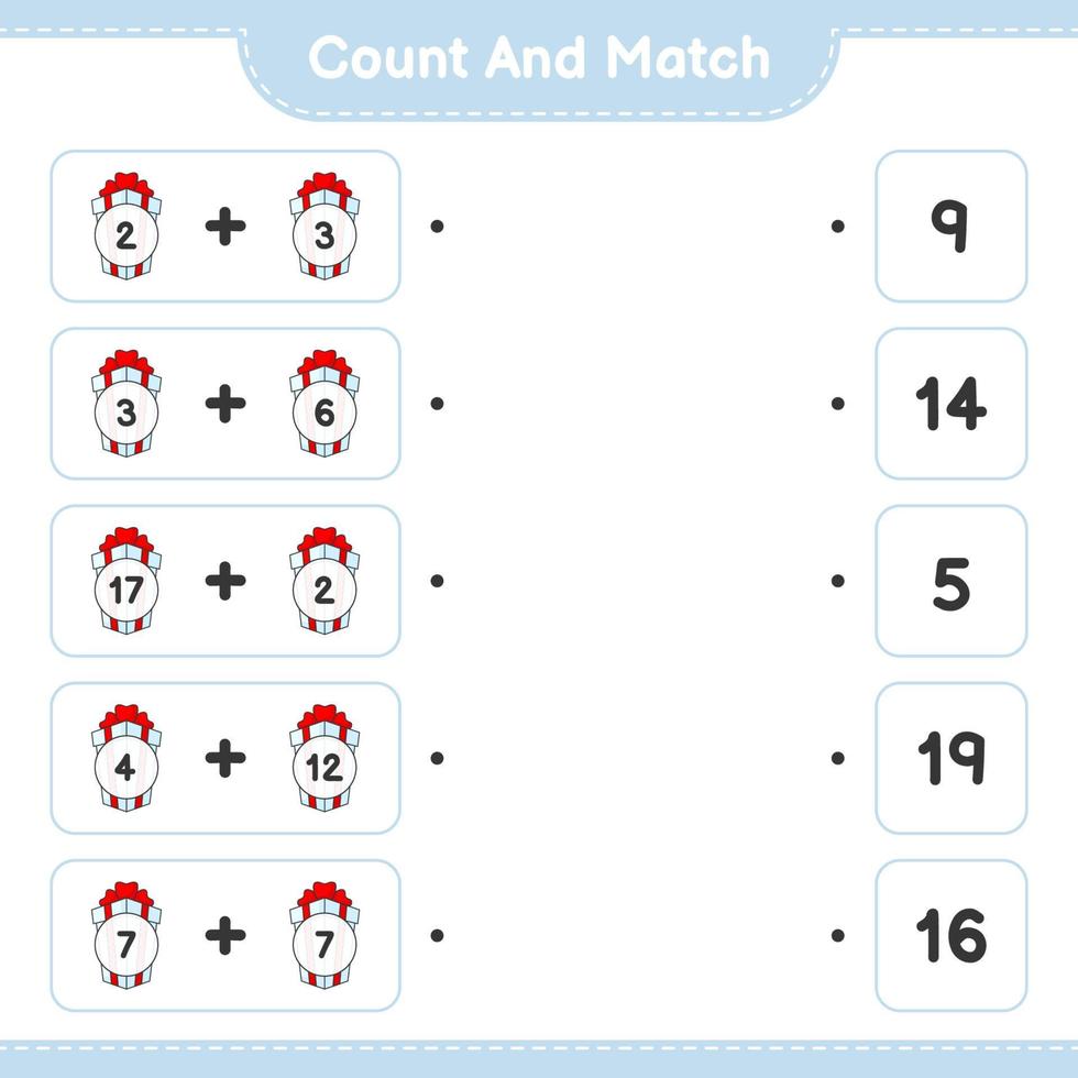 Count and match, count the number of Gift Box and match with the right numbers. Educational children game, printable worksheet, vector illustration