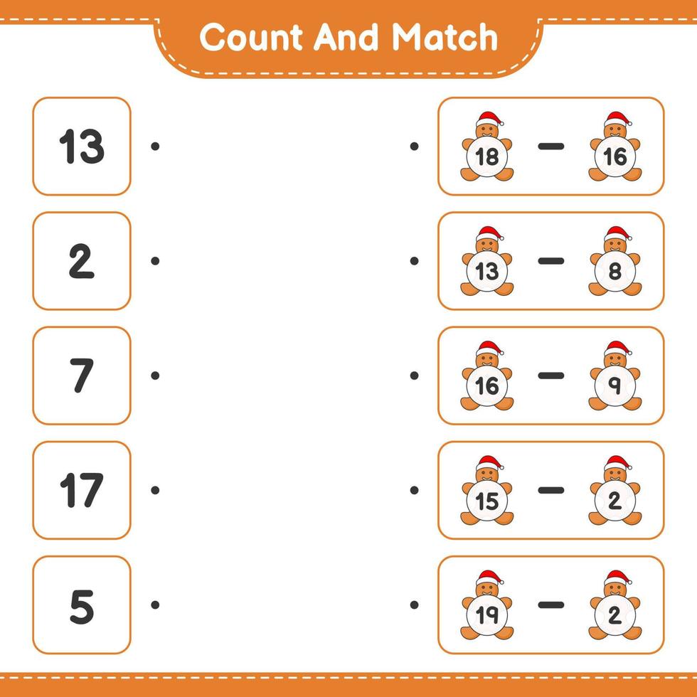 Count and match, count the number of Gingerbread Man and match with the right numbers. Educational children game, printable worksheet, vector illustration