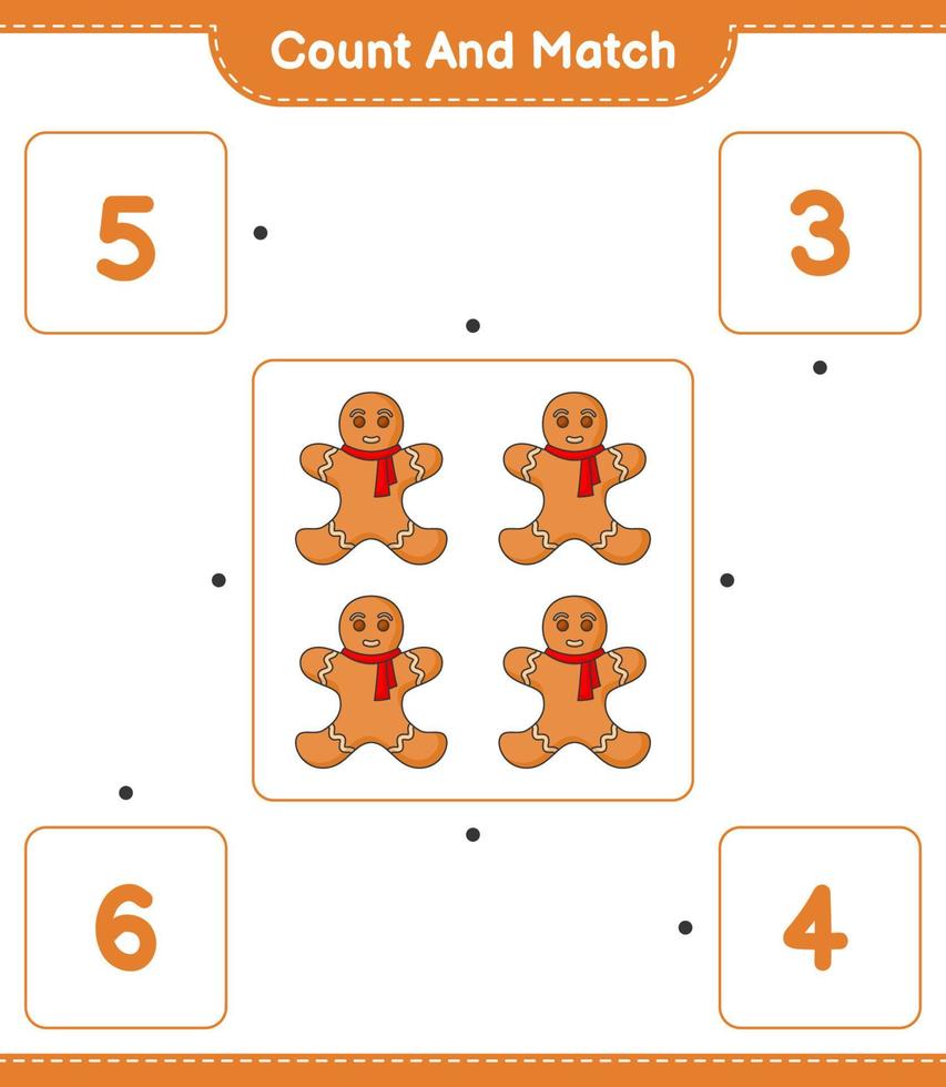 Count and match, count the number of Gingerbread Man and match with the right numbers. Educational children game, printable worksheet, vector illustration