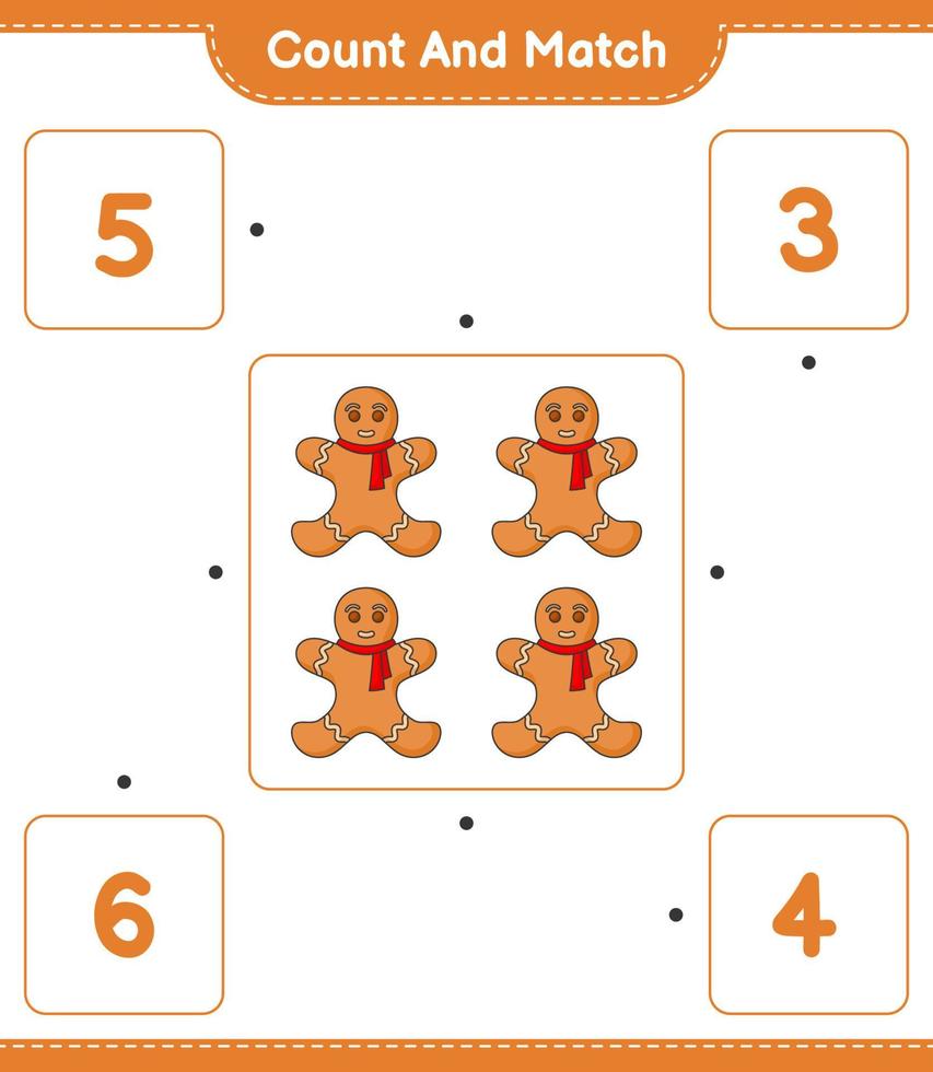 Count and match, count the number of Gingerbread Man and match with the right numbers. Educational children game, printable worksheet, vector illustration