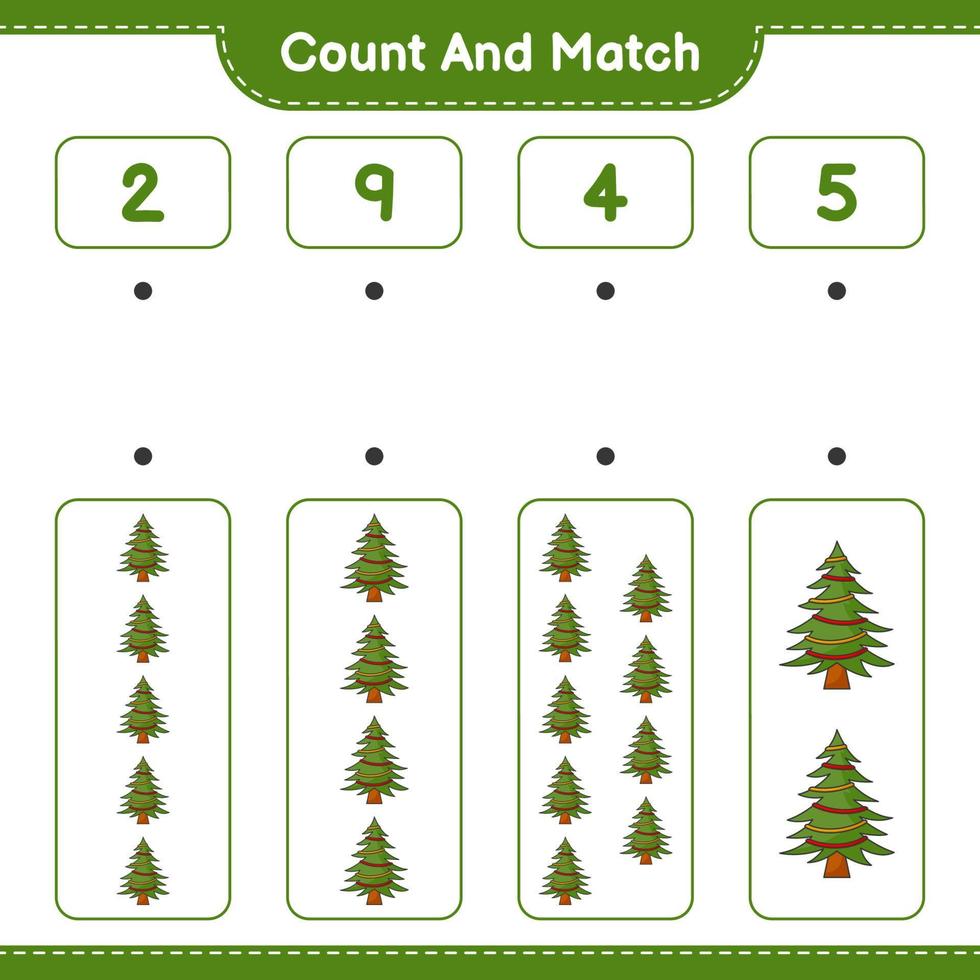 Count and match, count the number of Christmas Tree and match with the right numbers. Educational children game, printable worksheet, vector illustration