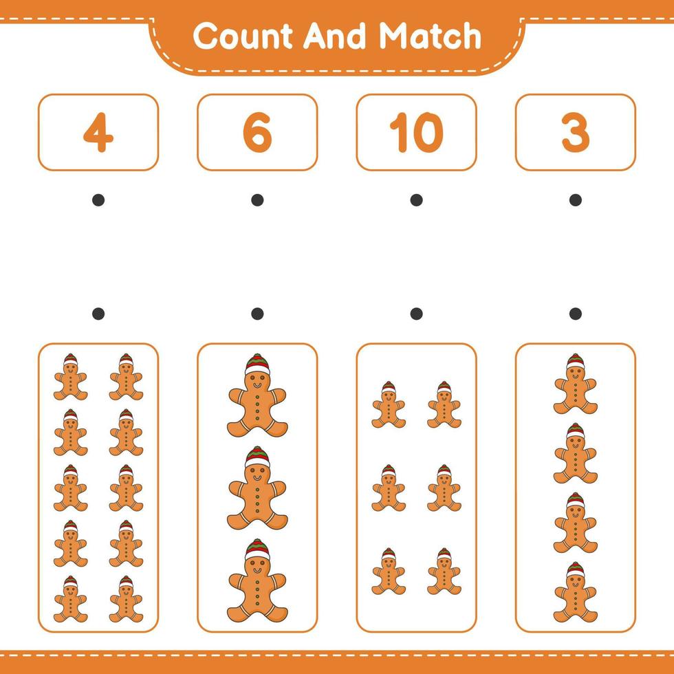 Count and match, count the number of Gingerbread Man and match with the right numbers. Educational children game, printable worksheet, vector illustration